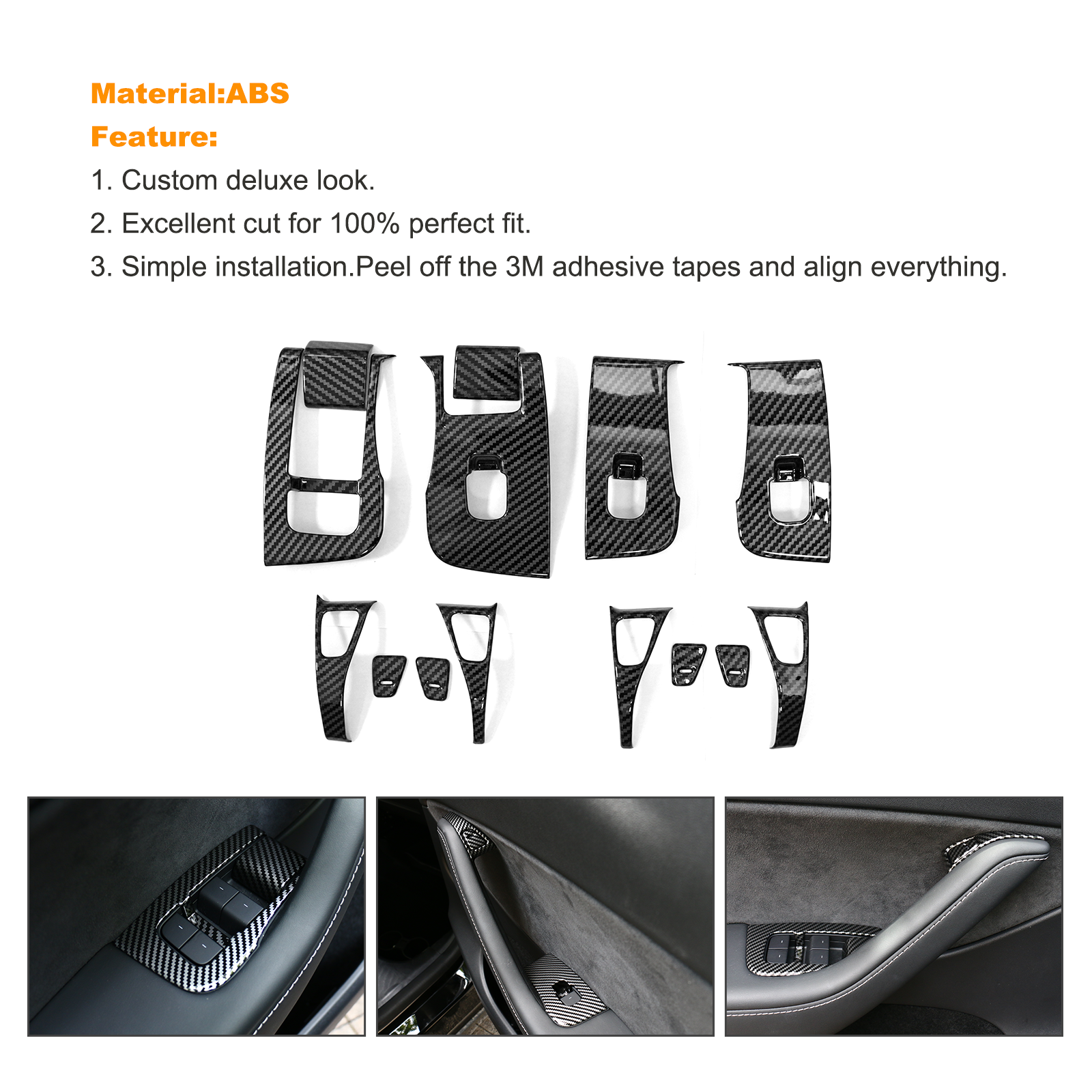 Brand New 2019-2023 Model Y/2021-2022 Model 3 Window Door Panel Glossy Carbon Fiber Wrap Trim Full Set (14 Pcs)